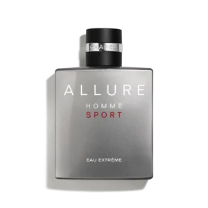 Chanel Allure Homme Sport Eau Extreme EDP 100ml iconic dark gunmetal grey glass bottle with a black rubber cap for a premium fresh woody aromatic men's fragrance