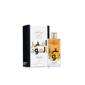 Ameer Al Oud Intense Oud 100ml elegant heavy glass bottle with a gold cap and dark golden liquid for a premium smoky sweet vanilla unisex fragrance