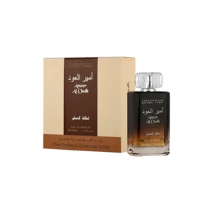 Ameer Al Oudh EDP 100ml elegant heavy glass bottle with a gold cap and dark amber liquid for a premium oriental woody sweet unisex fragrance