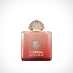 Amouage Guidance 46 Exceptional Extrait 100ml iconic translucent peach pink glass bottle with a gold dome cap for a premium creamy floral gourmand fragrance