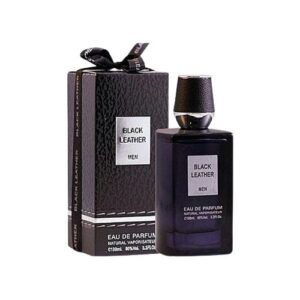 Black Leather Perfume Fragrance World 100ml sleek black bottle with a silver cap for an affordable everyday men's fruity leather fragrance