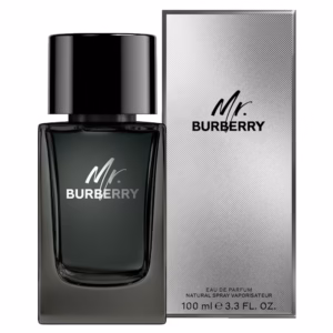 Burberry Mr. Burberry Eau De Parfum 100ml dark glass bottle featuring a black gabardine ribbon for a premium warm spicy woody men's fragrance