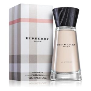 Burberry Touch for Women EDP 100ml elegant hourglass clear glass bottle with a dark wood-effect cap for a premium fresh powdery floral women's fragrance