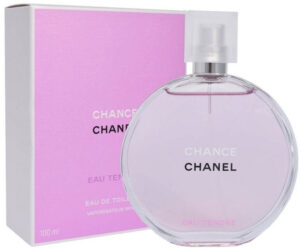Chanel Chance Eau Tendre EDT 100ml iconic round glass bottle with a translucent frosted cap showcasing pale pink liquid for a premium fresh floral fruity women's fragrance