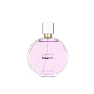 Chanel Chance Eau Tendre EDP 100ml iconic round glass bottle with a metallic silver cap showcasing soft pink liquid for a premium floral fruity women's fragrance
