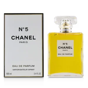 Chanel No 5 Eau De Parfum 100ml iconic minimalist rectangular glass bottle with a faceted cabochon stopper showcasing golden liquid for a premium classic floral women's fragrance