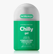 Chilly Gel feminine Wash green bottle with natural menthol for long lasting intimate freshness