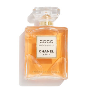 Chanel Coco Mademoiselle Eau de Parfum 100ml iconic rectangular glass bottle with a frosted diamond cut stopper showcasing peach pink liquid for a premium amber floral women's fragrance