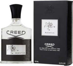 Creed Aventus Eau de Parfum 100ml clear glass bottle with black half leather wrap for a premium fruity smoky men's fragrance