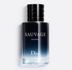 Dior Sauvage Eau Forte 100ml iconic midnight blue glass bottle showcasing a milky liquid for a premium alcohol-free fresh musky men's fragrance