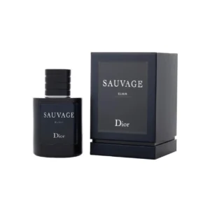Dior Sauvage Elixir 60ml compact heavy midnight blue glass bottle with silver lettering for a premium intensely concentrated spicy woody men's fragrance