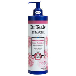 Dr Teals Body Lotion Moisture plus Calming Rose and Milk 18oz pump bottle for deep skin hydration and aromatherapy
