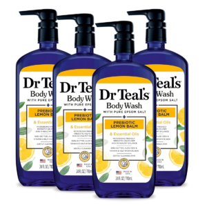 Dr Teals Body Wash with Pure Epsom Salt 24oz pump bottle featuring Prebiotic Lemon Balm and Sage for skin balancing