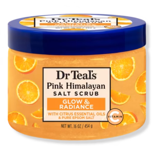 Dr Teal’s Pink Himalayan Salt Scrub Glow and Radiance 16oz tub for skin exfoliation and brightening