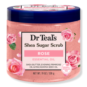 Dr Teal’s Shea Sugar Body Scrub with Rose Essential Oil 19oz tub for gentle exfoliation and glowing skin