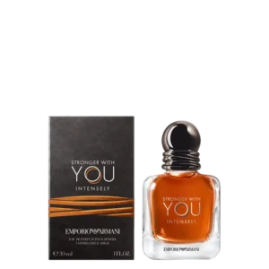Emporio Armani Stronger With You Intensely EDP 100ml warm cognac-colored glass bottle with double ring cap for a premium sweet woody men's fragrance