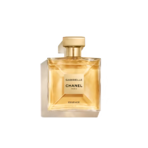 Gabrielle Chanel Essence EDP 100ml iconic ultra-thin square glass bottle with a golden cap showcasing radiant golden liquid for a premium solar white floral women's fragrance