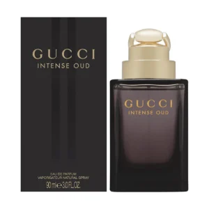 Gucci Intense Oud Eau De Parfum 90ml sleek glossy black glass bottle with luxurious gold accents for a premium woody amber unisex fragrance
