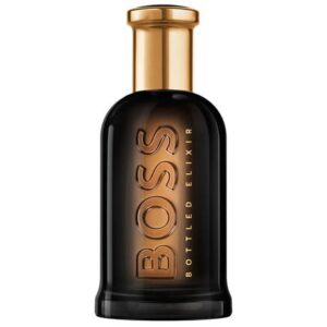 Hugo Boss Bottled Elixir Intense Parfum 100ml dark black to golden amber gradient glass bottle with a brushed gold cap for a premium amber woody men's fragrance