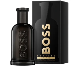 Hugo Boss Bottled Parfum 100ml iconic dark matte black glass bottle with a brushed gold cap for a premium woody leather men's fragrance