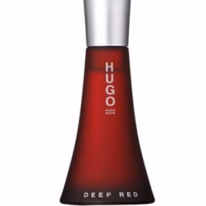 Hugo Boss Deep Red EDP 90ml sleek curved dark red frosted glass bottle with a silver cap for a premium fruity spicy women's fragrance