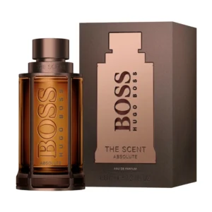Hugo Boss The Scent Absolute for Him EDP 100ml dark amber glass bottle with signature gunmetal cage for a premium woody spicy men's fragrance