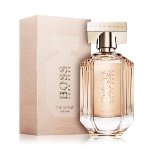 Hugo Boss The Scent for Her EDP 100ml elegant faceted glass bottle with a champagne-gold cufflink cap for a premium floral gourmand women's fragrance