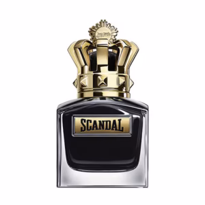 Jean Paul Gaultier Scandal Le Parfum 100ml black lacquered glass bottle with triumphant gold crown cap for a premium intense amber woody men's fragrance