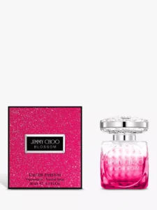 Jimmy Choo Blossom EDP 100ml bright fuchsia pink faceted glass bottle with a diamond-like crystal cap for a premium sweet fruity floral women's fragrance