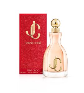 Jimmy Choo I Want Choo EDP 100ml elegant curved glass bottle with a gold JC monogram cap for a premium sweet fruity floral women's fragrance