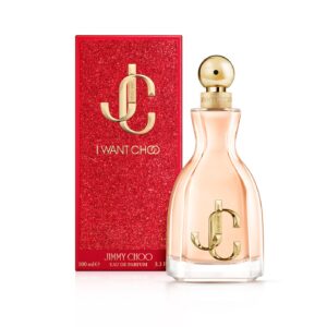 Jimmy Choo I Want Choo EDP 100ml elegant curved glass bottle with a gold JC monogram cap for a premium sweet fruity floral women's fragrance