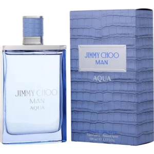 Jimmy Choo Man Aqua EDT 100ml translucent marine blue glass flask bottle with a blue crocodile-textured cap for a premium fresh aquatic men's fragrance
