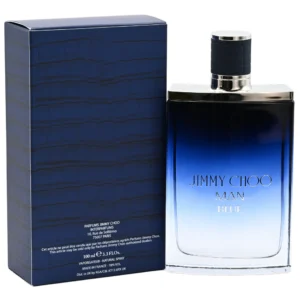 Jimmy Choo Man Blue EDT 100ml gradient blue glass flask bottle with a blue crocodile-textured cap for a premium woody aromatic men's fragrance