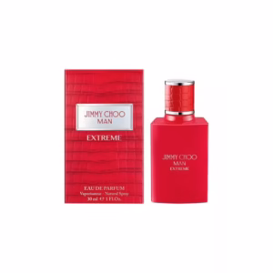 Jimmy Choo Man Extreme EDP 100ml vibrant scarlet red glass flask bottle with a red crocodile-textured cap for a premium woody aromatic men's fragrance