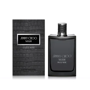 Jimmy Choo Man Intense EDT 100ml sleek smoked black glass bottle with a crocodile-textured silver cap for a premium sweet fruity aromatic men's fragrance