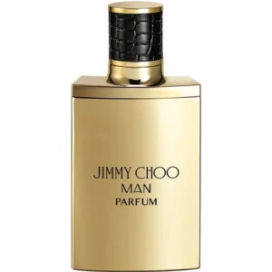 Jimmy Choo Man Parfum 100ml opaque matte black glass flask bottle with a gunmetal crocodile-textured cap for a premium woody leathery men's fragrance