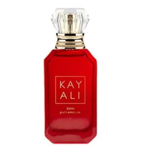 Kayali Eden Juicy Apple 01 EDP 100ml elegant translucent ruby red glass bottle with a diamond-shaped cap for a premium sweet fruity unisex fragrance