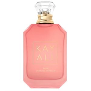 Kayali Eden Sparkling Lychee 39 EDP 100ml elegant translucent coral pink glass bottle with a diamond-shaped cap for a premium sweet fruity floral women's fragrance