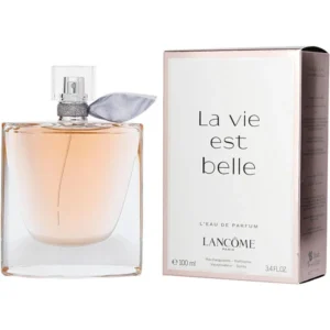 Lancome La Vie est Belle Eau de Parfum 100ml iconic crystal smile glass bottle with a sparkling grey ribbon for a premium sweet floral gourmand women's fragrance