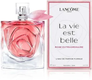 Lancome La Vie est Belle Rose Extraordinaire EDP 100ml iconic glass bottle featuring a physically sculpted rose blooming inside the base for a premium luminous floral women's fragrance