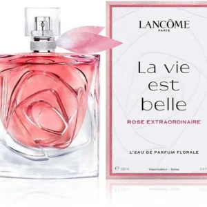 Lancome La Vie est Belle Rose Extraordinaire EDP 100ml iconic glass bottle featuring a physically sculpted rose blooming inside the base for a premium luminous floral women's fragrance