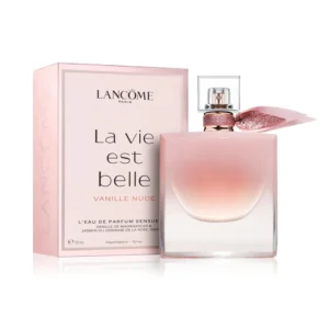 Lancome La Vie est Belle Vanille Nude EDP 100ml iconic glass bottle with a blush pink ribbon and soft nude liquid for a premium fluffy musky vanilla women's fragrance