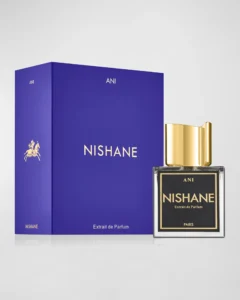 Nishane Ani Extrait de Parfum 100ml elegant heavy clear glass bottle with a brushed gold cap for a premium green vanilla warm spicy unisex fragrance