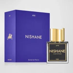 Nishane Ani Extrait de Parfum 100ml elegant heavy clear glass bottle with a brushed gold cap for a premium green vanilla warm spicy unisex fragrance