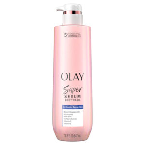 Olay Super Serum Body Wash for Normal Rough and Bumpy Skin bottle with exfoliating minerals