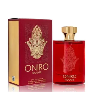 Oniro Rouge Eau De Parfum 100ml sleek crimson red glass bottle with a solid cap for a reliable everyday sweet amber woody unisex fragrance