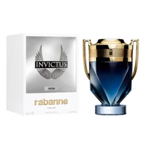Paco Rabanne Invictus Parfum 100ml dark blue trophy-shaped glass bottle with golden V for a premium soapy aquatic men's fragrance