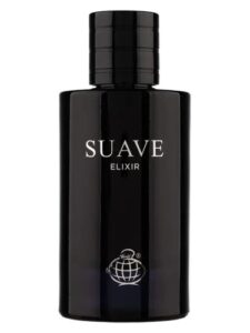 Suave Elixir Fragrance World 80ml sleek dark midnight blue glass bottle for a high-value warm spicy woody unisex fragrance