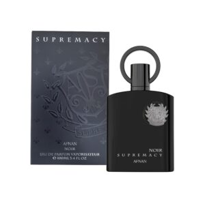 Afnan Supremacy Noir EDP 100ml opaque black glass bottle for a premium dark woody leather unisex fragrance