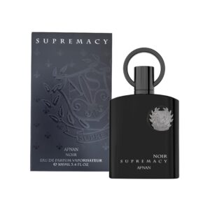 Afnan Supremacy Noir EDP 100ml opaque black glass bottle for a premium dark woody leather unisex fragrance